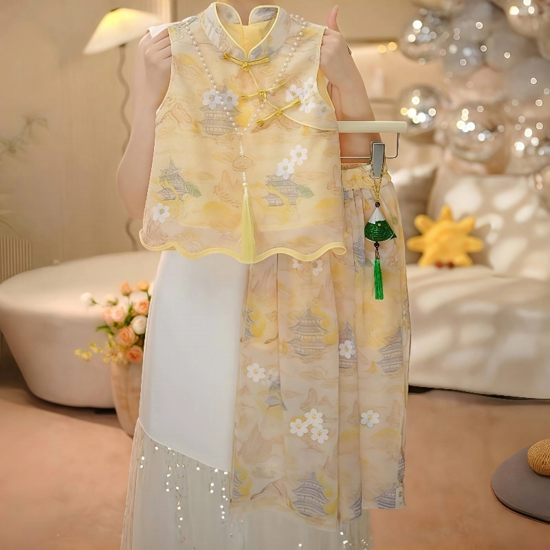 女童国风短袖套装夏装2025新款中大童网红新中式阔腿裤裙裤两件套