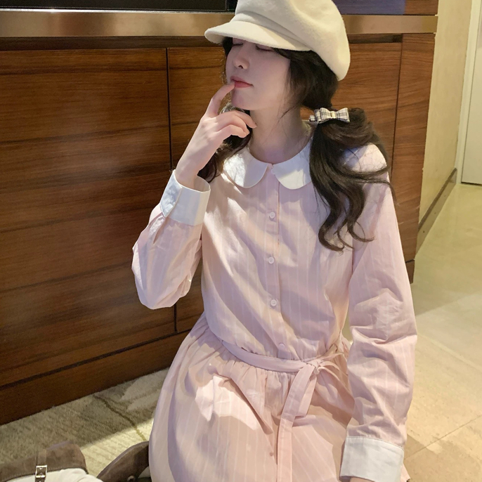 【娃娃领衬衫裙】韩代款甜美娃娃领条纹气质显瘦连衣裙