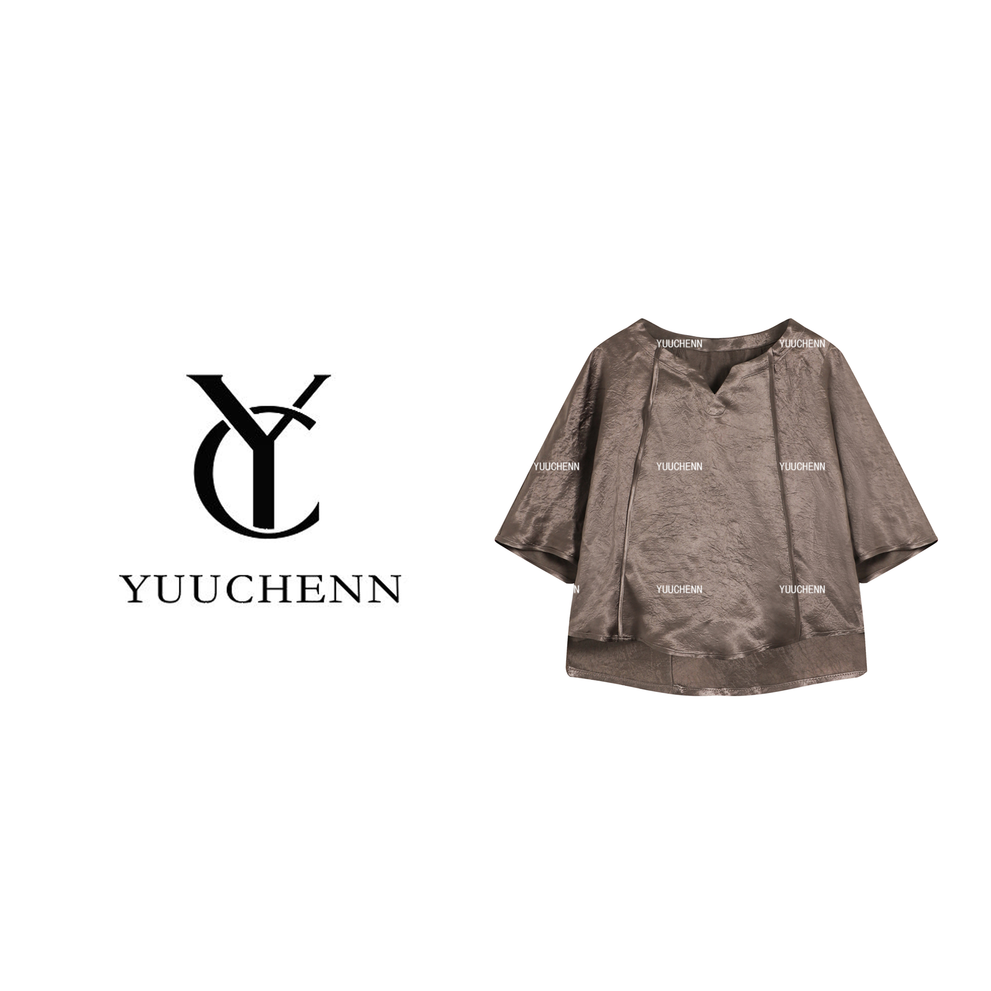 YUUCHENN 褶皱醋酸上衣女圆领短袖常规T恤JYY-W62278