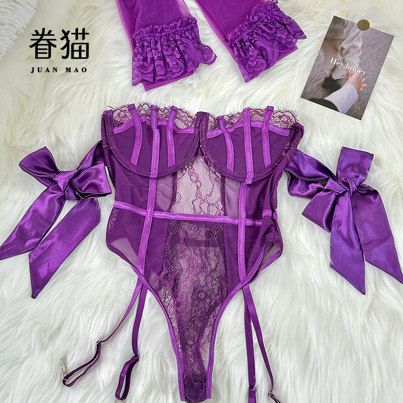眷猫 JM3361紫色蕾丝钢圈聚拢塑身连体内衣