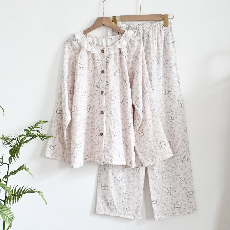 棉纱睡衣婴儿棉A类双层棉纱女款长袖家居套甜美装宽松