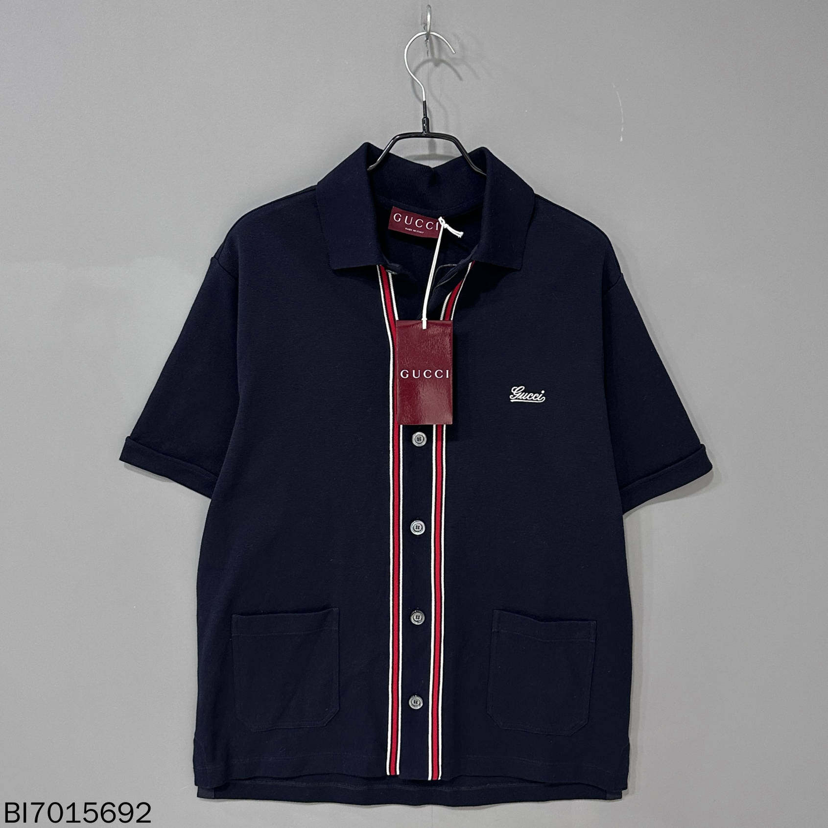 未使用 GUCCI/古驰 新款条纹Logo刺绣翻领短袖衬衫/S码/15692