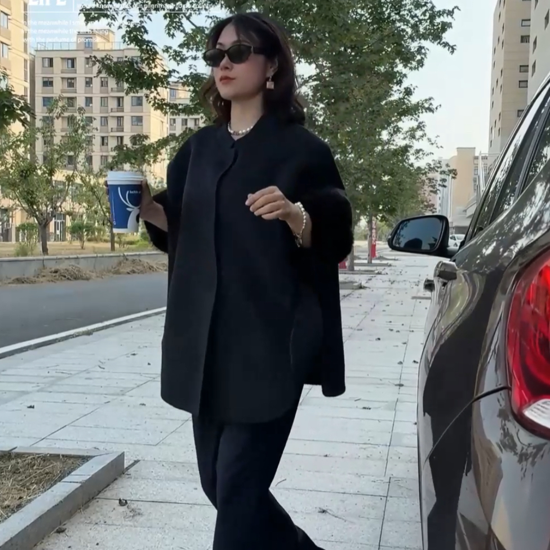 2025年秋冬新款双面大衣女短款袖口外套女韩版斗篷款 ins披肩