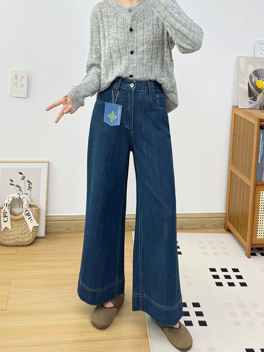 四面弹~宽边裤脚！秋季新款直筒牛仔裤女 小个子高腰九分阔腿裤子