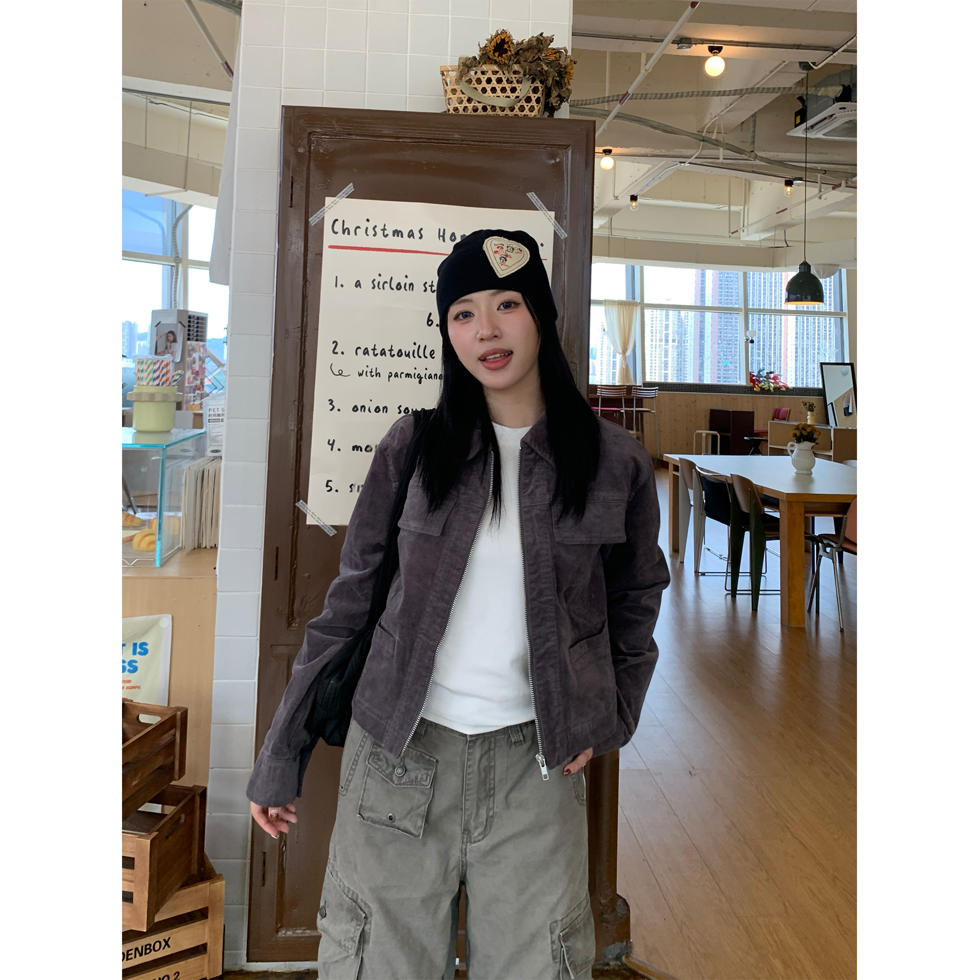 木子羊美式复古棕色开衫翻领拉链外套女高级质感百搭短款长袖上衣