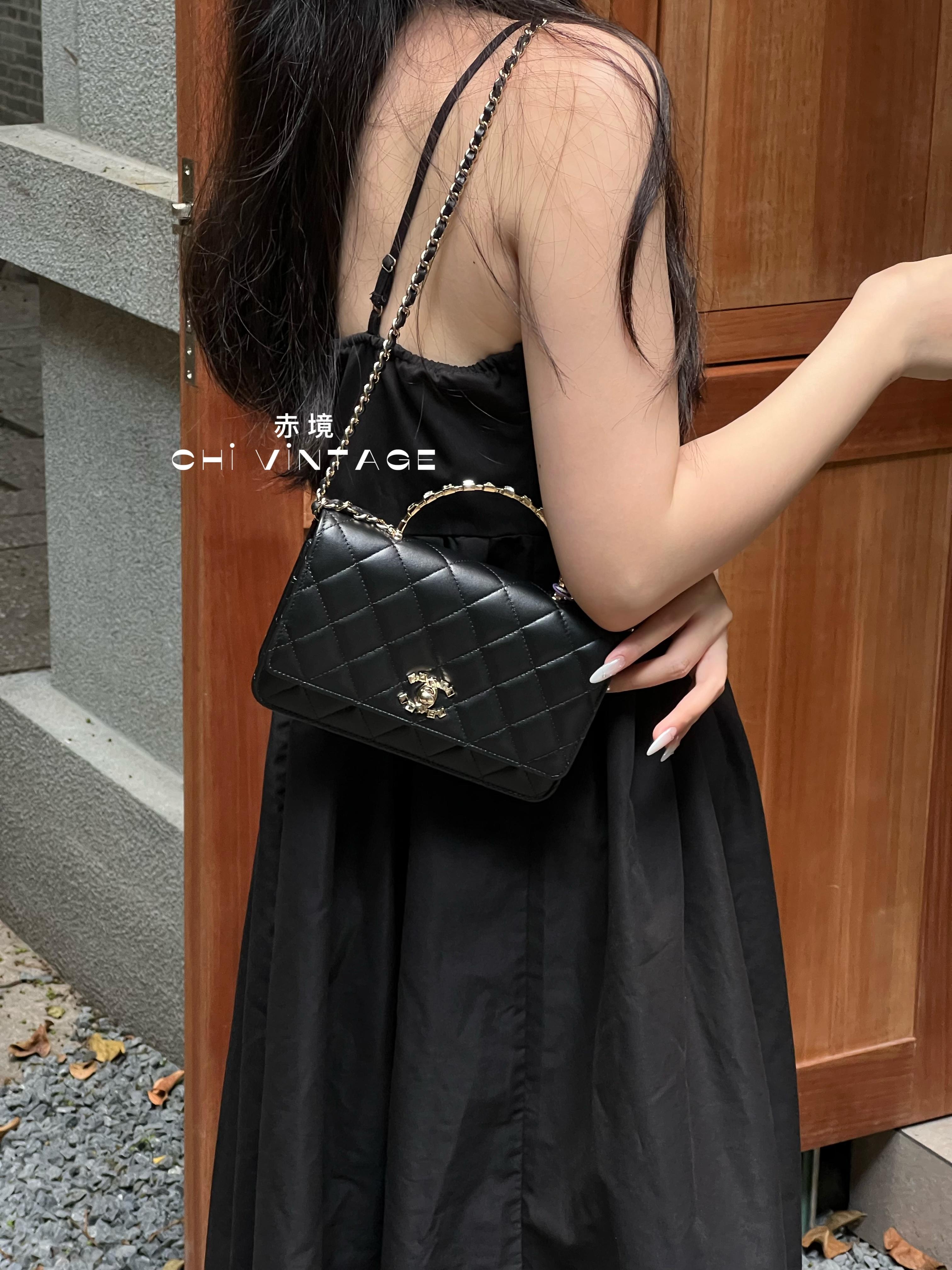 99新 Chanel/香奈儿 7990 黑金24S水钻手柄kelly斜挎包芯片款