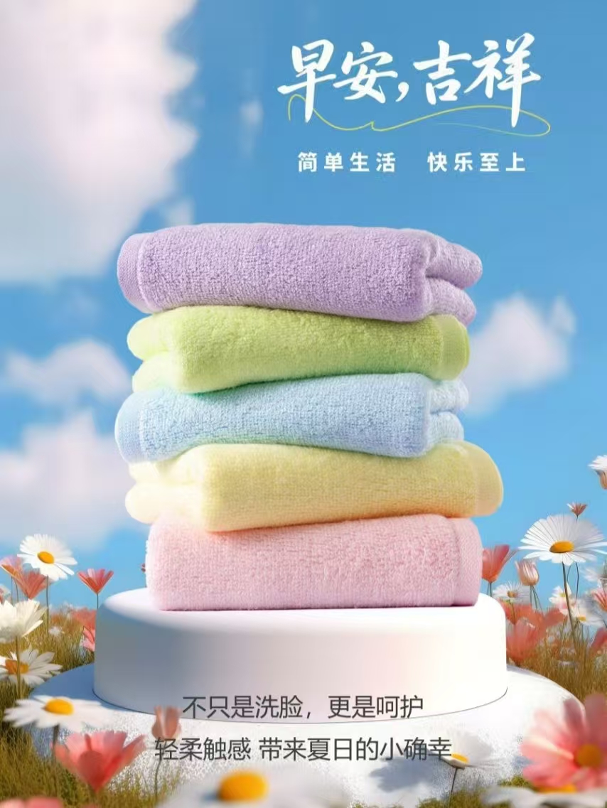 5条装柔软美容方巾超柔加厚竹纤维抑菌家用幼儿园适用方巾毛巾