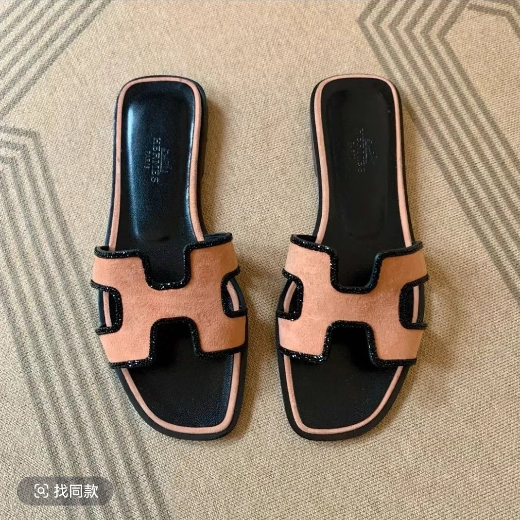 未使用 Hermes/爱马仕 爱马仕橘色镶边钻H平底拖鞋36