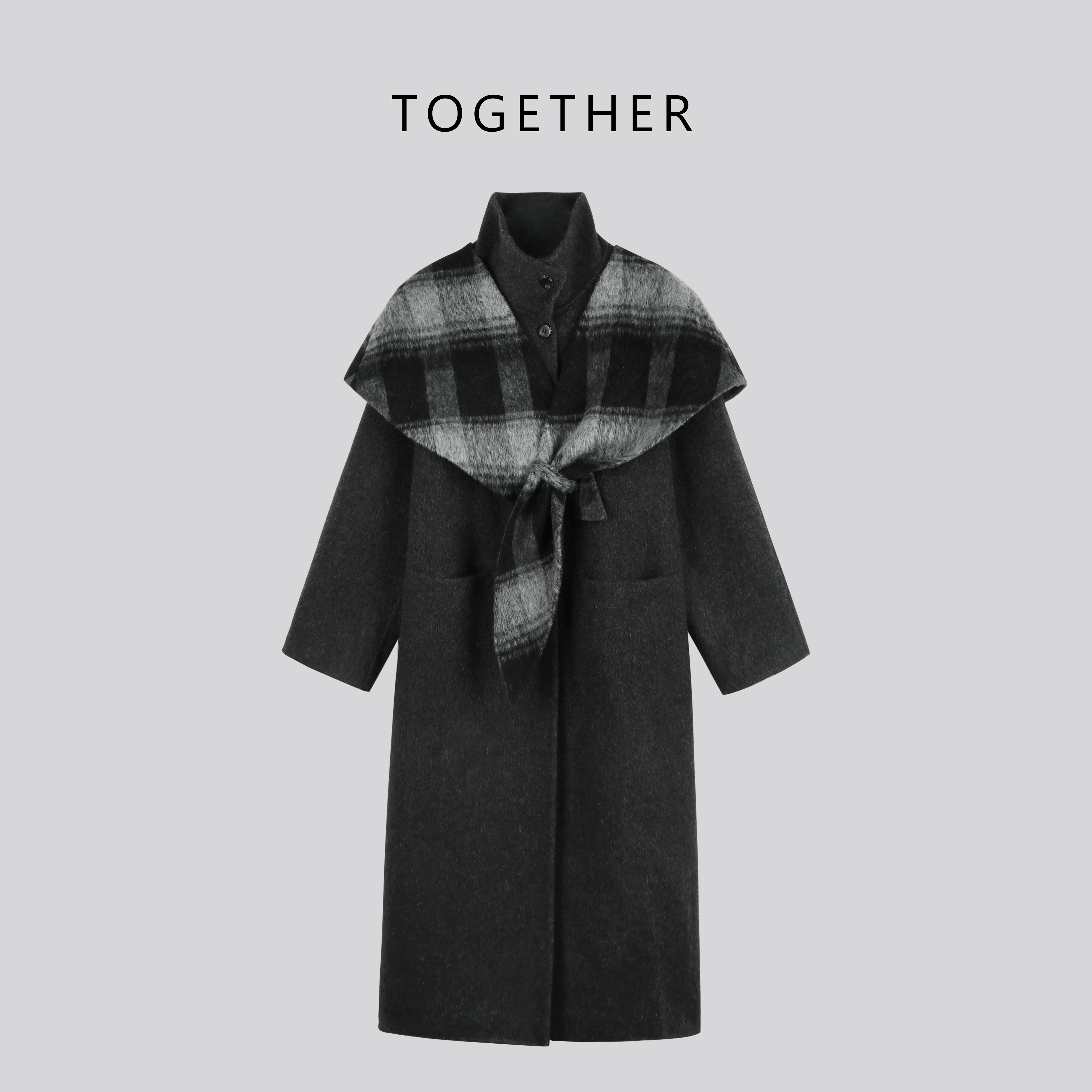 【Together】冬款立领带格子围巾拼接羊毛呢大衣外套S7397