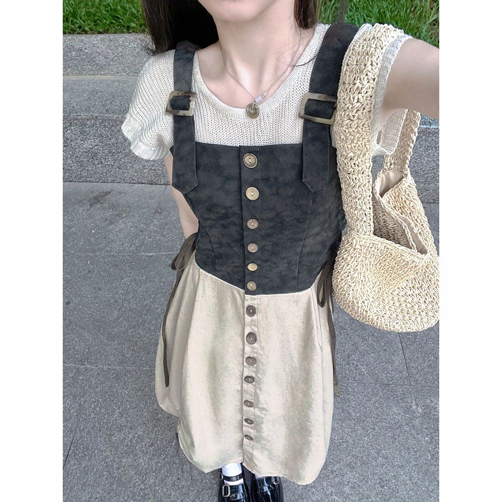 法式复古针织短袖上衣冷淡系高级感撞色背带连衣裙抽绳显瘦套装女