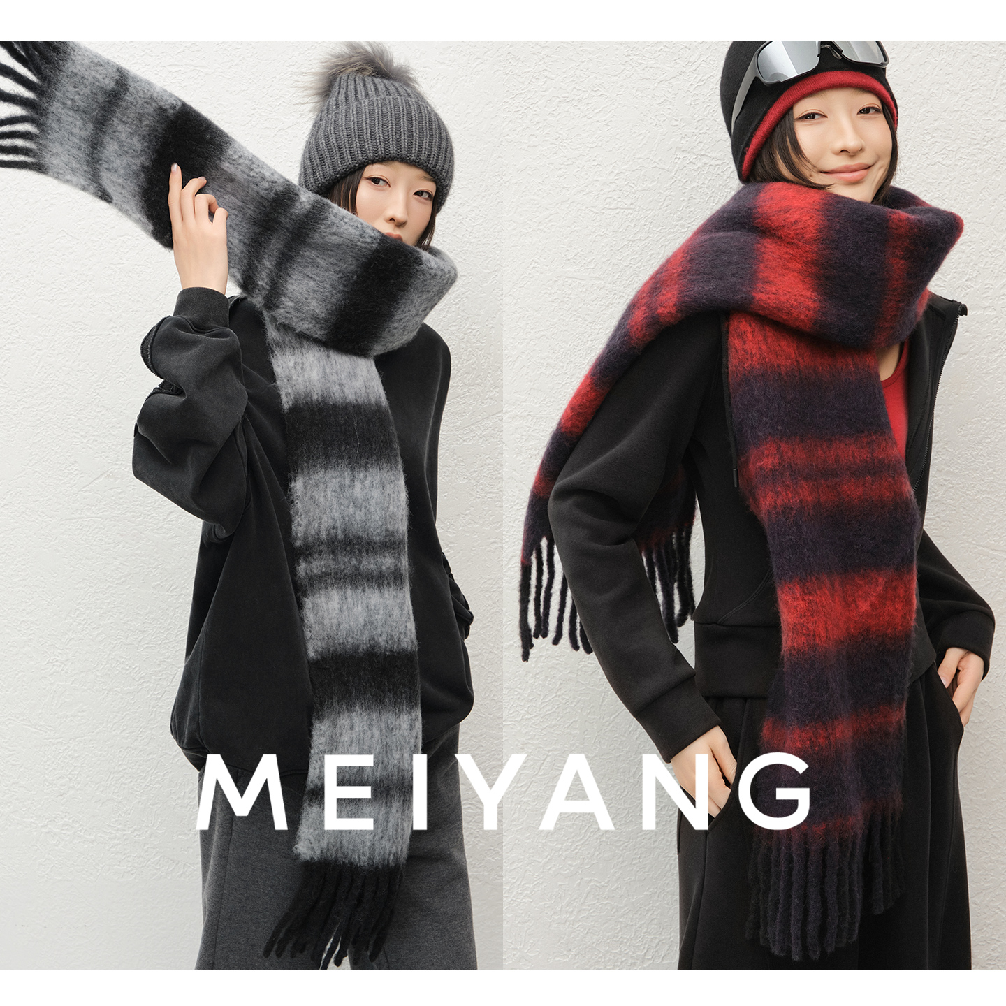 美洋MEIYANG 墨彩围巾【商场同款】羊毛混纺撞色条纹流苏围脖