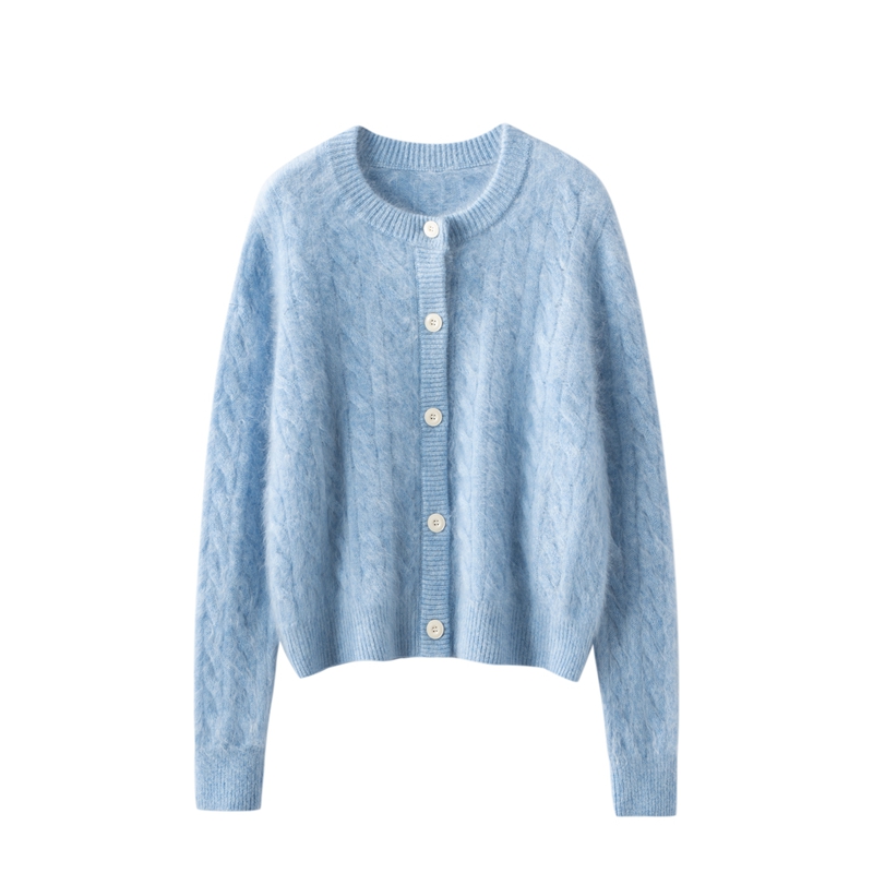 新年款纯山羊绒 秋冬新款女圆领拉绒100纯山羊绒麻花绞花开衫