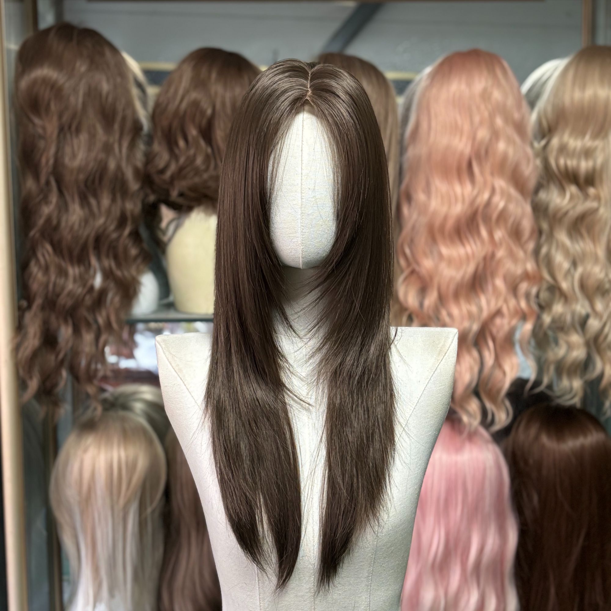 大头皮双递针工艺小额蕾丝随意分发缝榛果灰棕层次进口丝全头套款