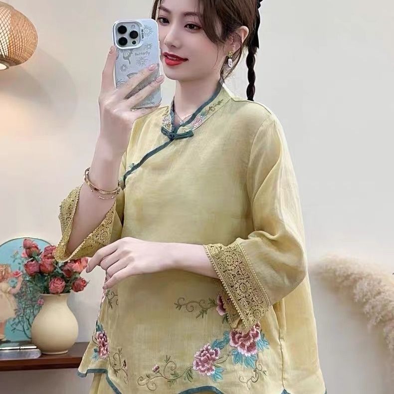 【清货+运费险】棉麻复古中式刺绣斜襟民族衬衫盘扣七分茶服Y347