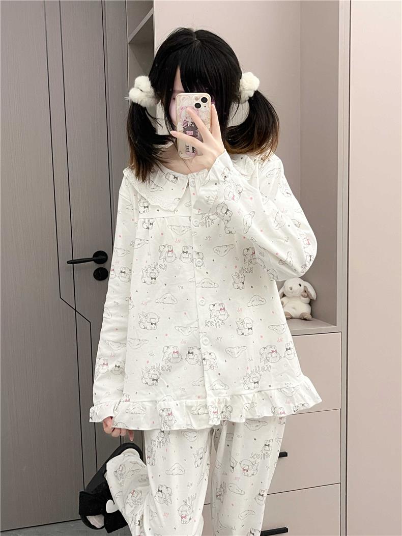 原创！小羊咩咩春秋新款纯棉睡衣女圆领卡通印花长裤长家居服