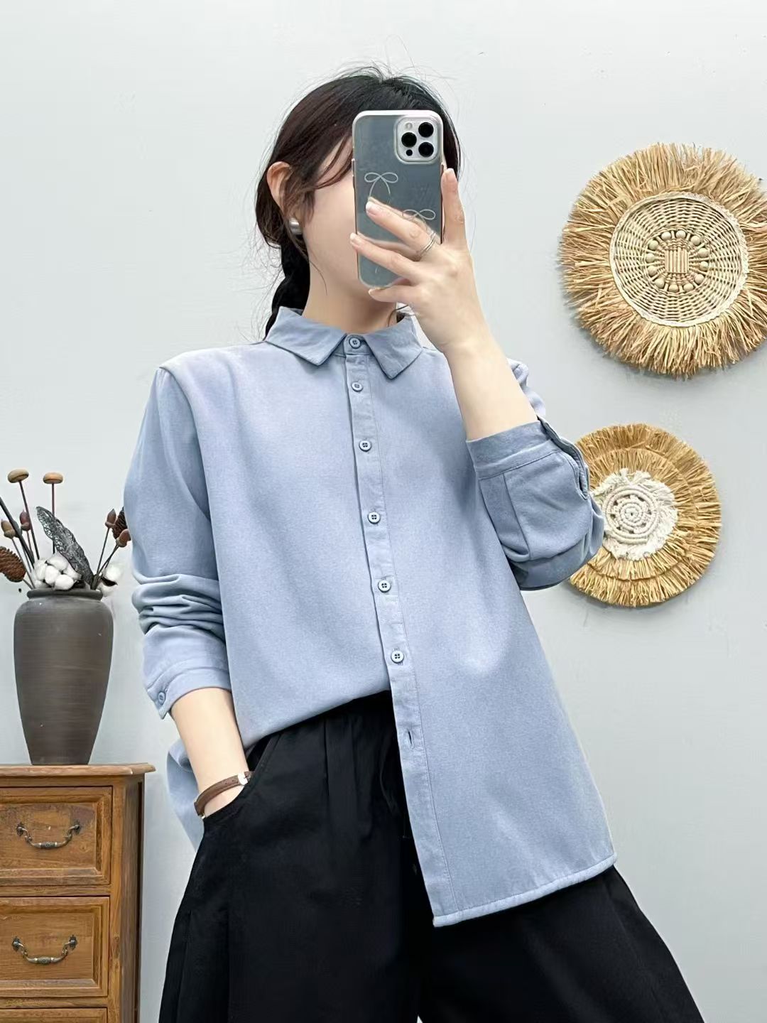 秋冬加绒加厚显瘦宽松纯棉长袖衬衫女装百搭长袖衬衫