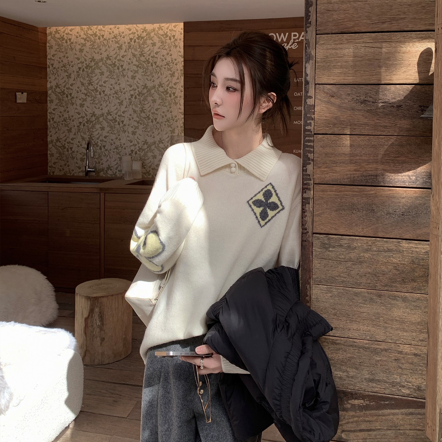 NINGLYNN STUDIO【蛋白】羊毛翻领菱形格提花针织毛衣 361007