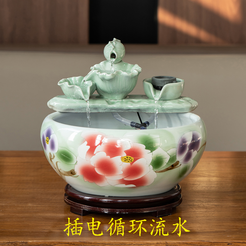 正宗景德镇陶瓷流水摆件客厅桌面流水招财摆件加湿增氧造景牡丹花