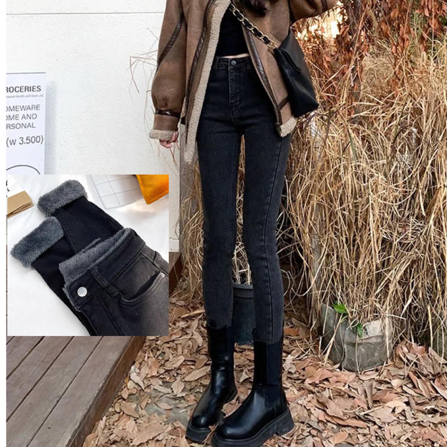 显瘦高腰黑色牛仔裤女秋冬加长绒小脚铅笔裤紧身打底裤小个子外穿