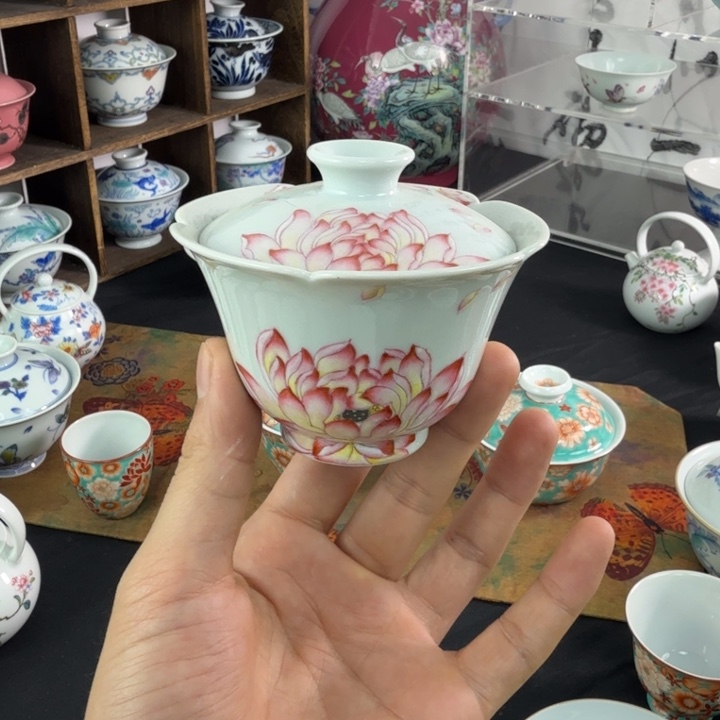 盖碗景德镇荷花内绘盖碗