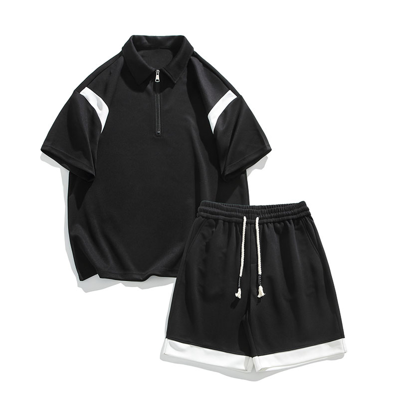 夏季薄款拼接polo衫套装宽松版型休闲短裤短袖两件套