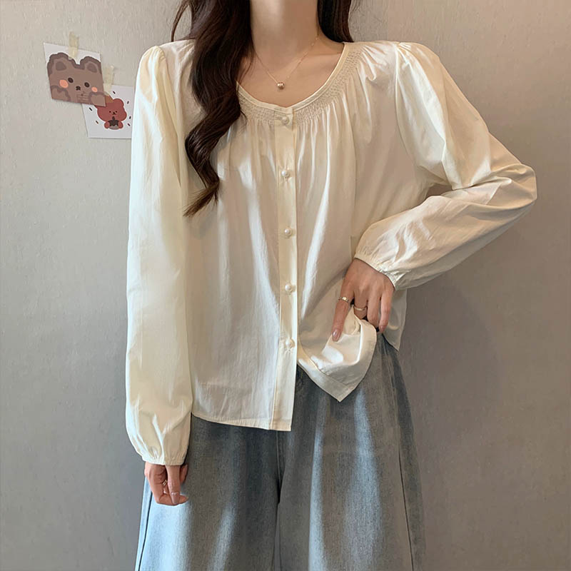 （女装）24597 法式复古褶皱圆领长袖衬衫温柔气质百搭小衫