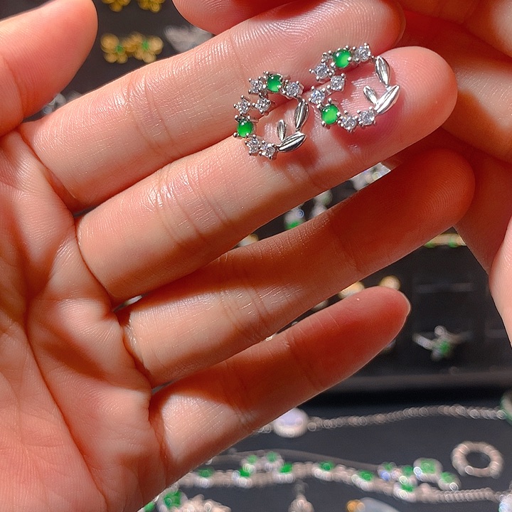 翡翠戒指银S925镶嵌耳钉