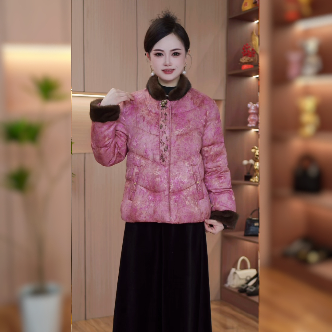 2025年冬新款国风时尚保暖新中式短款显瘦棉服桃花粉琉璃绿