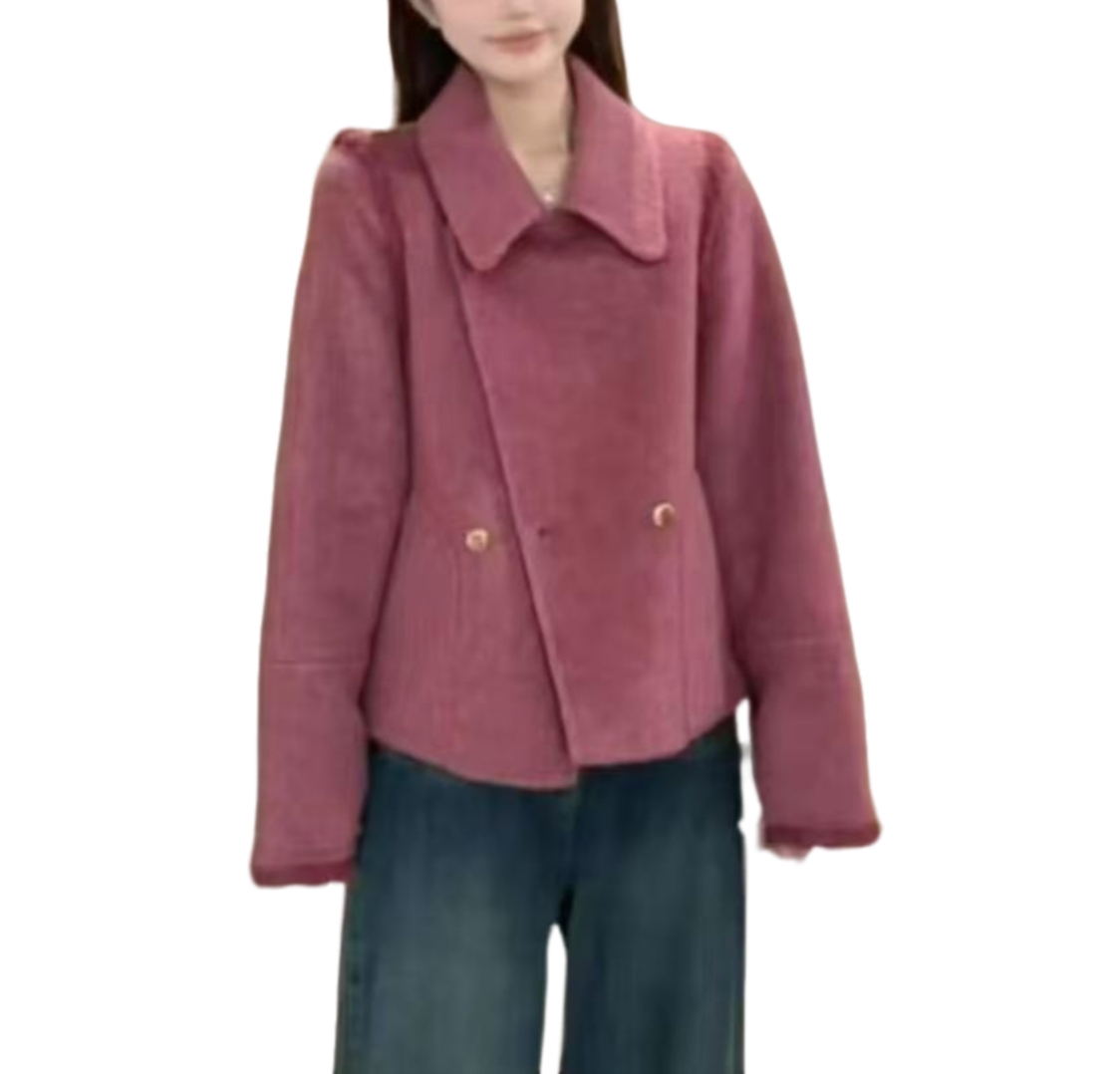 短款长袖甜美风娃娃领女毛呢外套翻领短外套网红