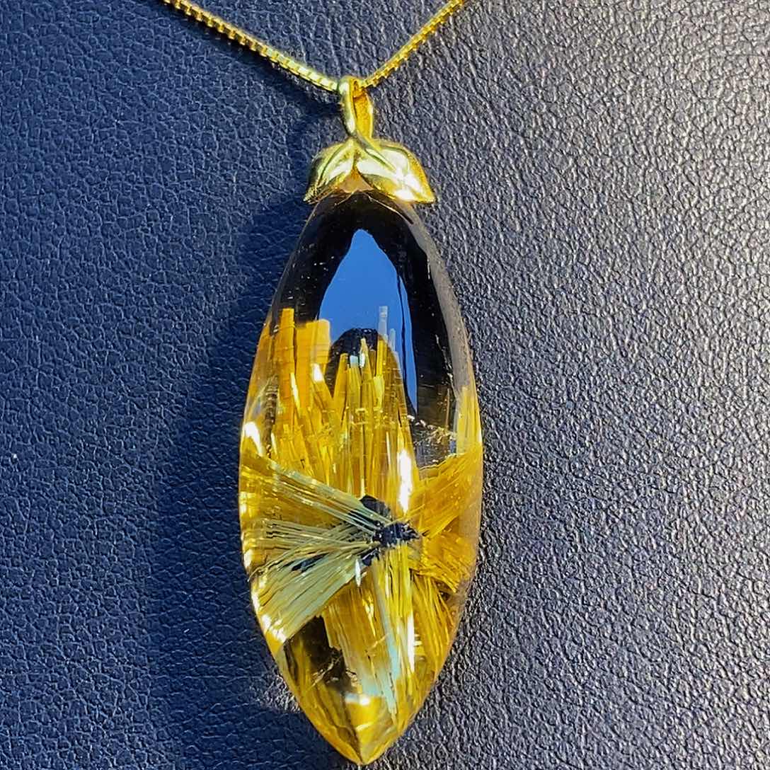 水晶颈饰18K金镶嵌天然钛晶花六角花吊坠