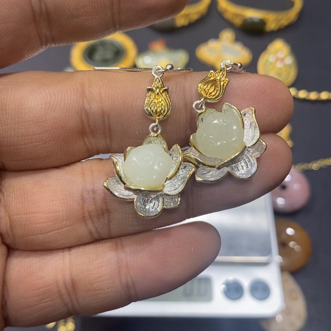 和田玉耳饰银S925镀金镶嵌