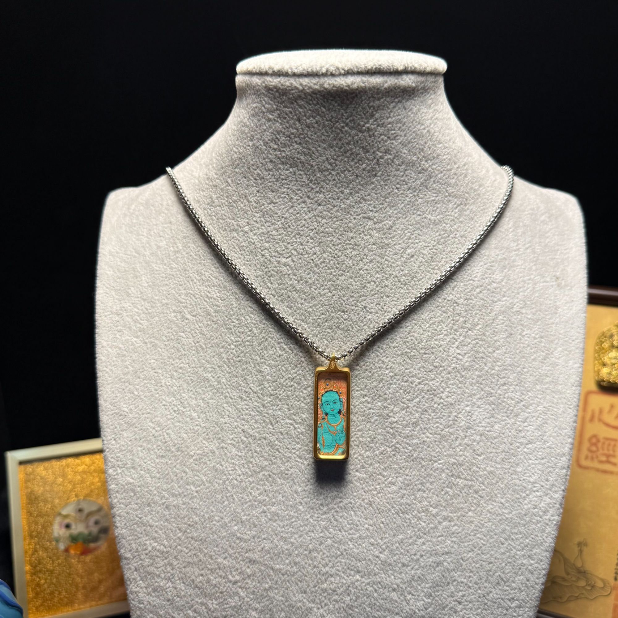 绿度母-手工唐卡带绳