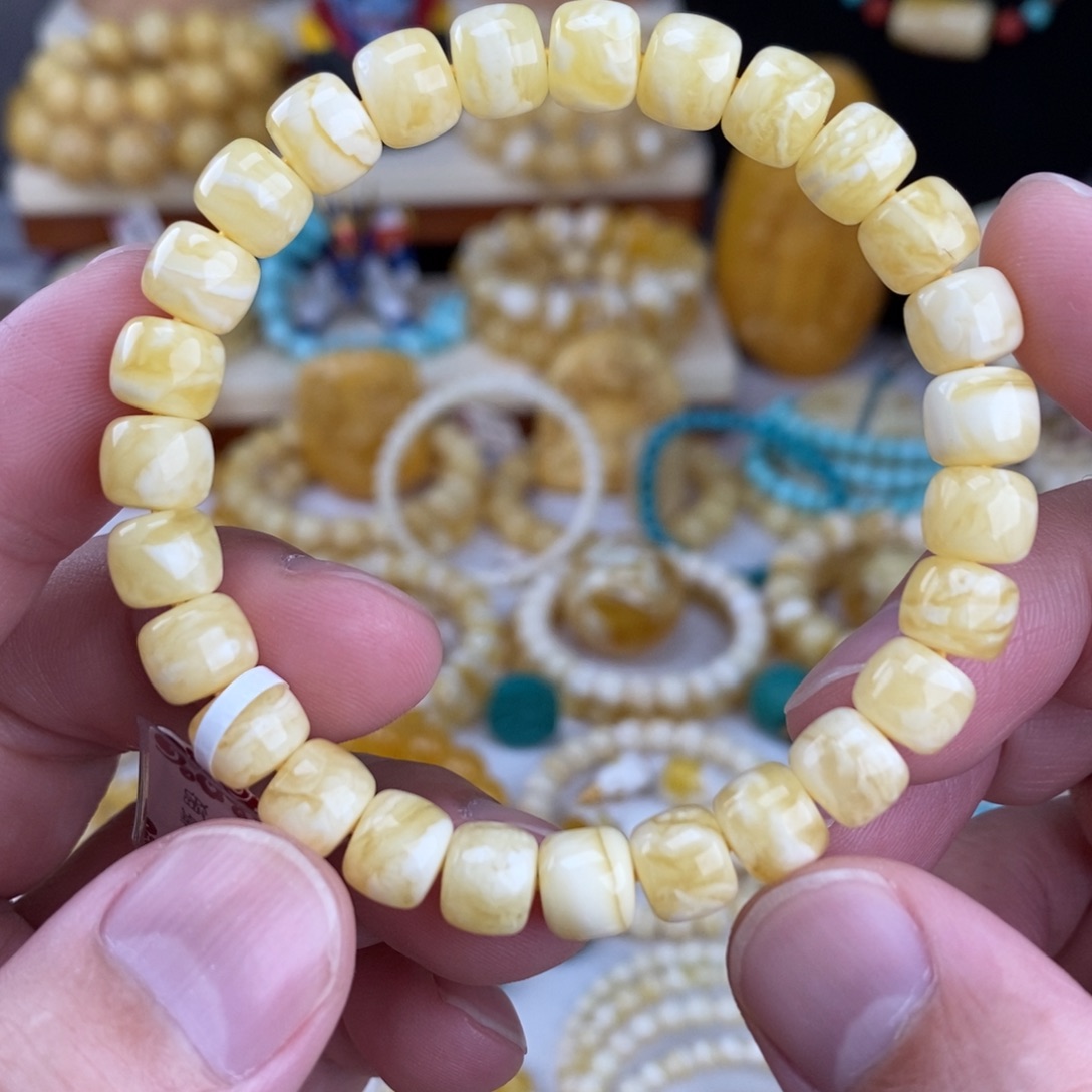 蜜蜡未镶嵌手链瓷白细纹虎皮纹8.5mm