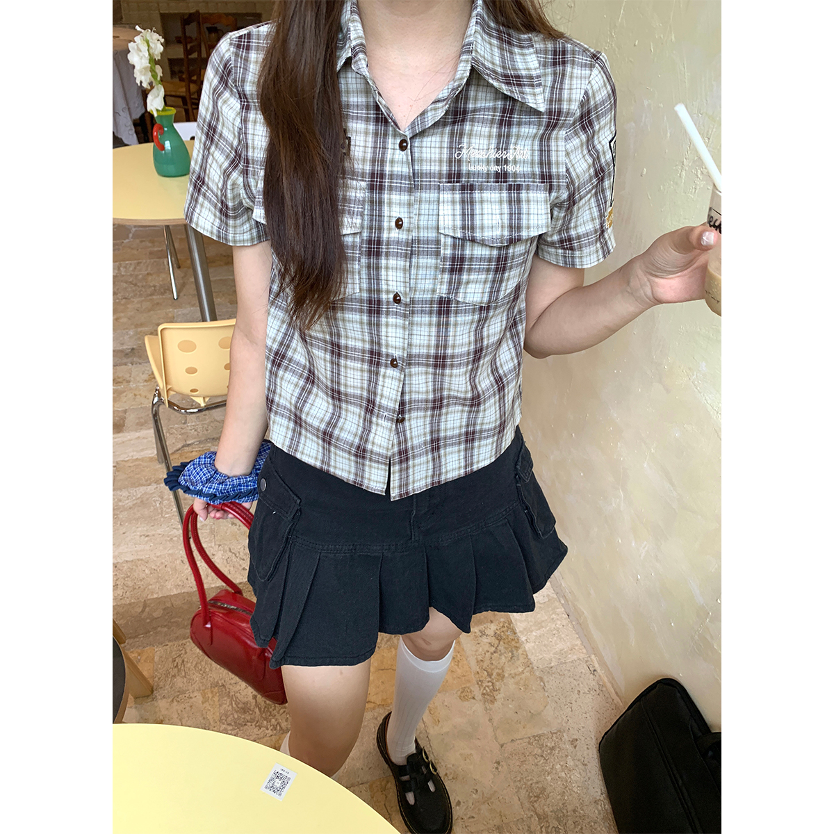 NIDEBLACK韩系少女复古学院风格子正肩短袖衬衫夏季休闲短款上衣