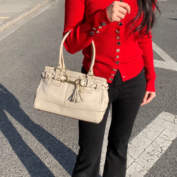 95新 COACH/蔻驰 Coach白色鹅卵石纹牛皮金扣通勤包托特包