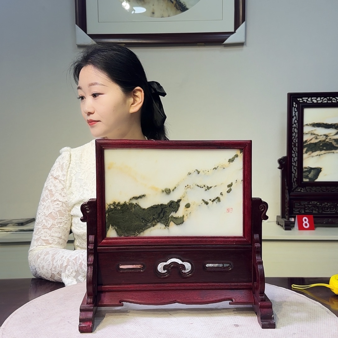 石材天然大理石画屏风摆件34×31