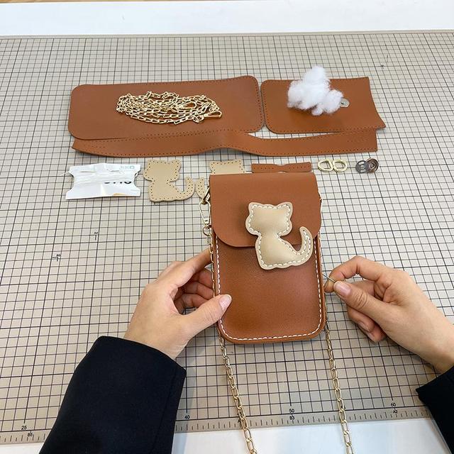 新款可爱卡通手机包diy手工编织包包自制手缝材料包小猫咪斜挎包