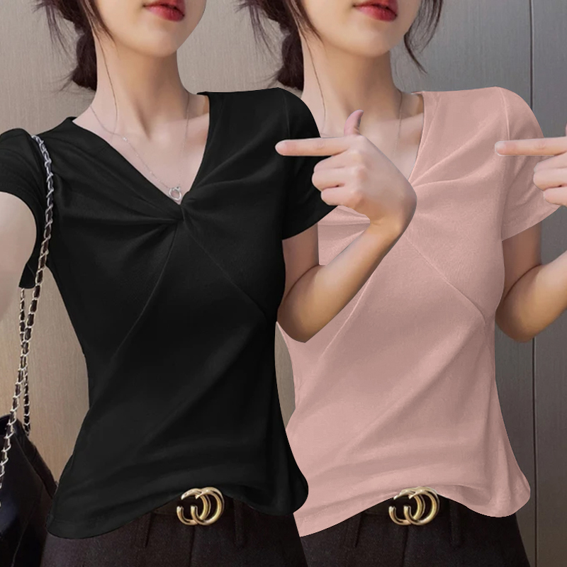【法式轻奢】v领扭结短袖t恤女款2025夏季新款设计感修身显瘦上衣女