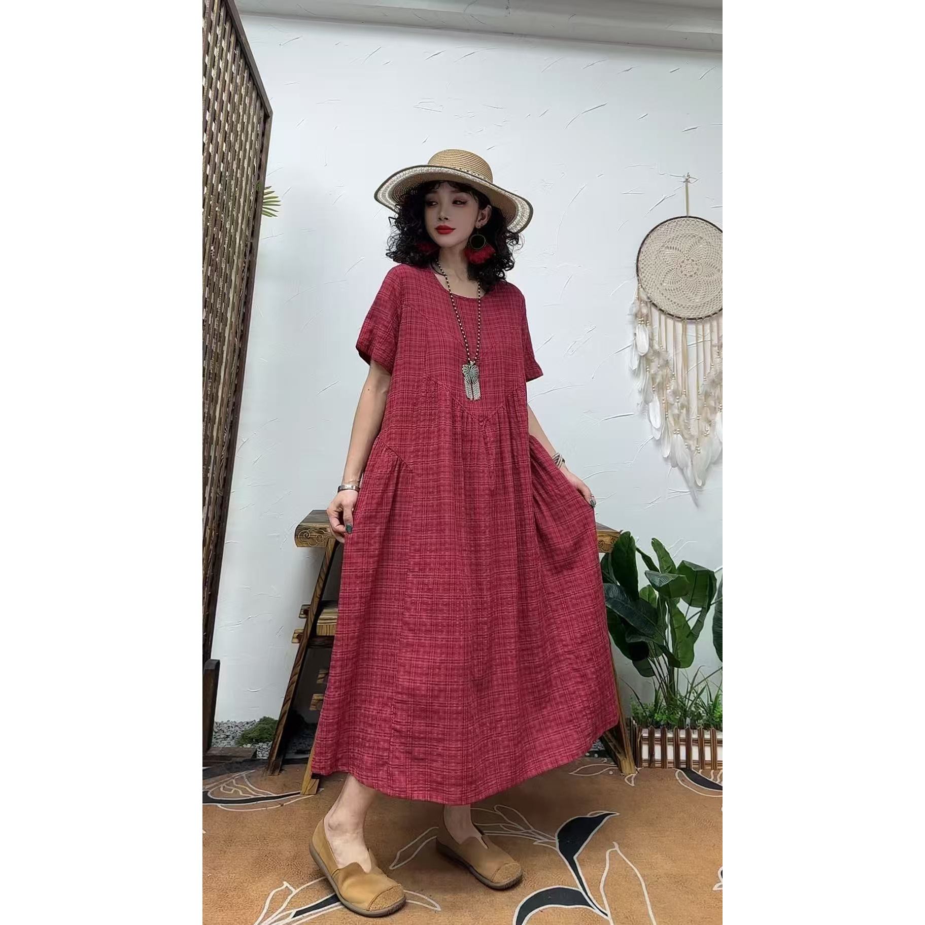 5073夏季新款清凉气质时尚复古遮肚宽松女显瘦百搭圆领休闲连衣裙