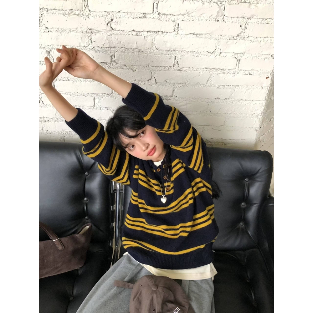 撞色条纹polo衫2025秋冬新款风软糯毛衣女上衣翻领