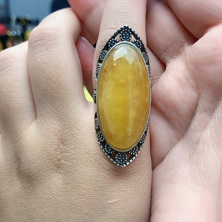 琥珀裸石银S925镶嵌戒指