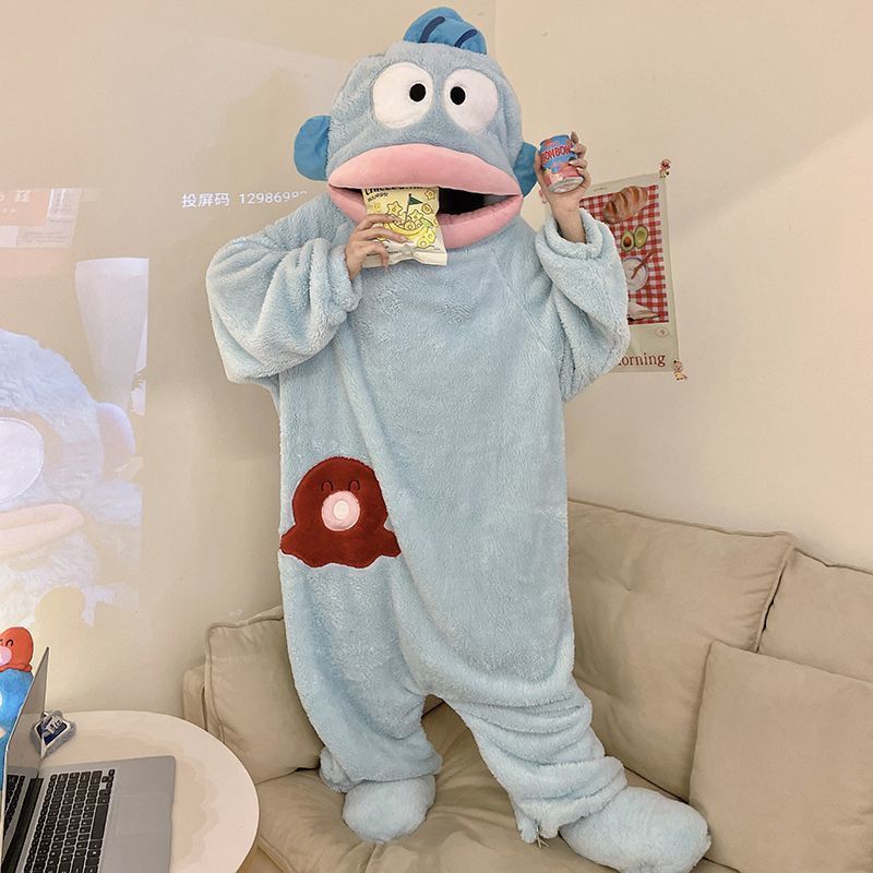 可爱小丑鱼女珊瑚绒连体睡衣加厚保暖秋冬卡通搞怪情侣睡袍长款yw