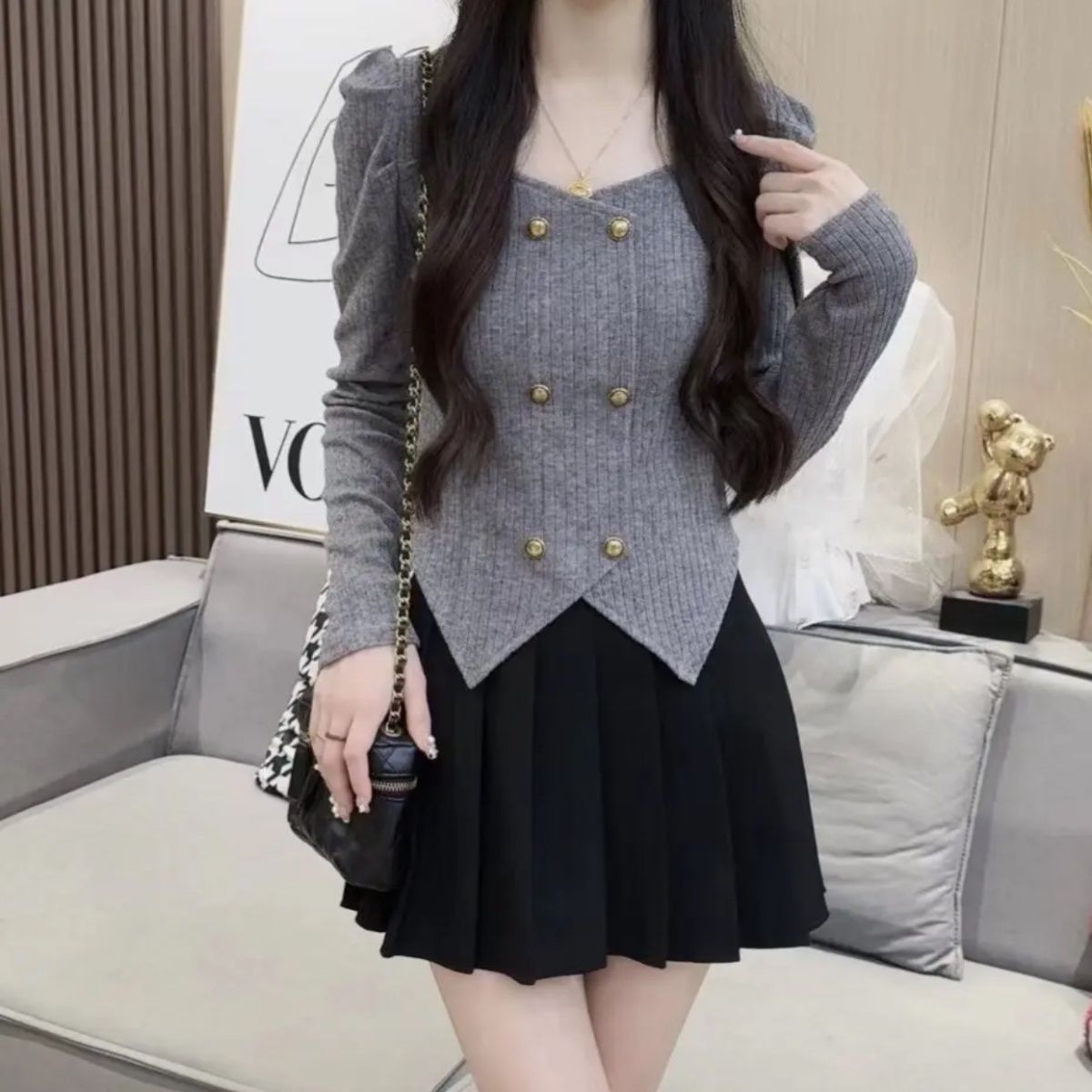 WD不规则双排扣针织上衣女今年秋冬季新款法式甜美法式修身打底衫