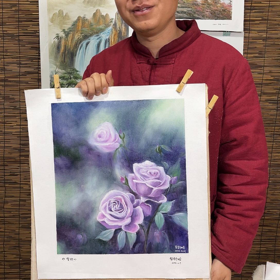 油画行路人小院绘画作品