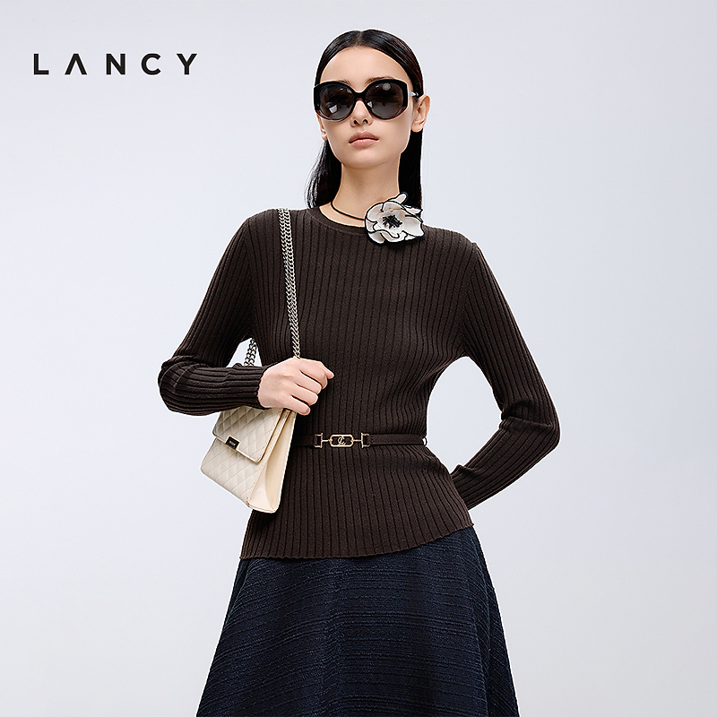 【100%羊毛】LANCY/朗姿2025年新款修身坑条针织衫女打