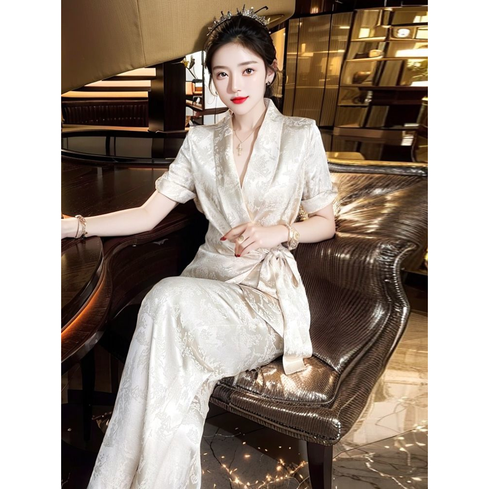 夏季新款高端时尚气质舒适休闲慵懒风v领短袖衬衫阔腿裤两件套女