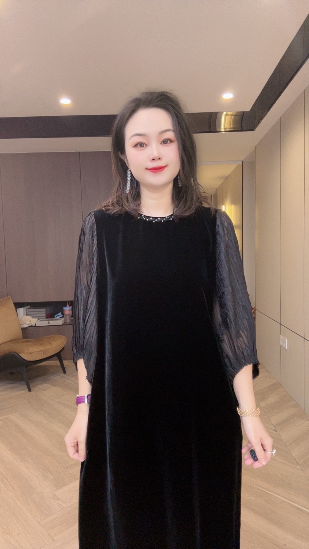 25100Q长袖拼接丝绒真丝连衣裙高端百搭女士桑蚕丝连衣裙
