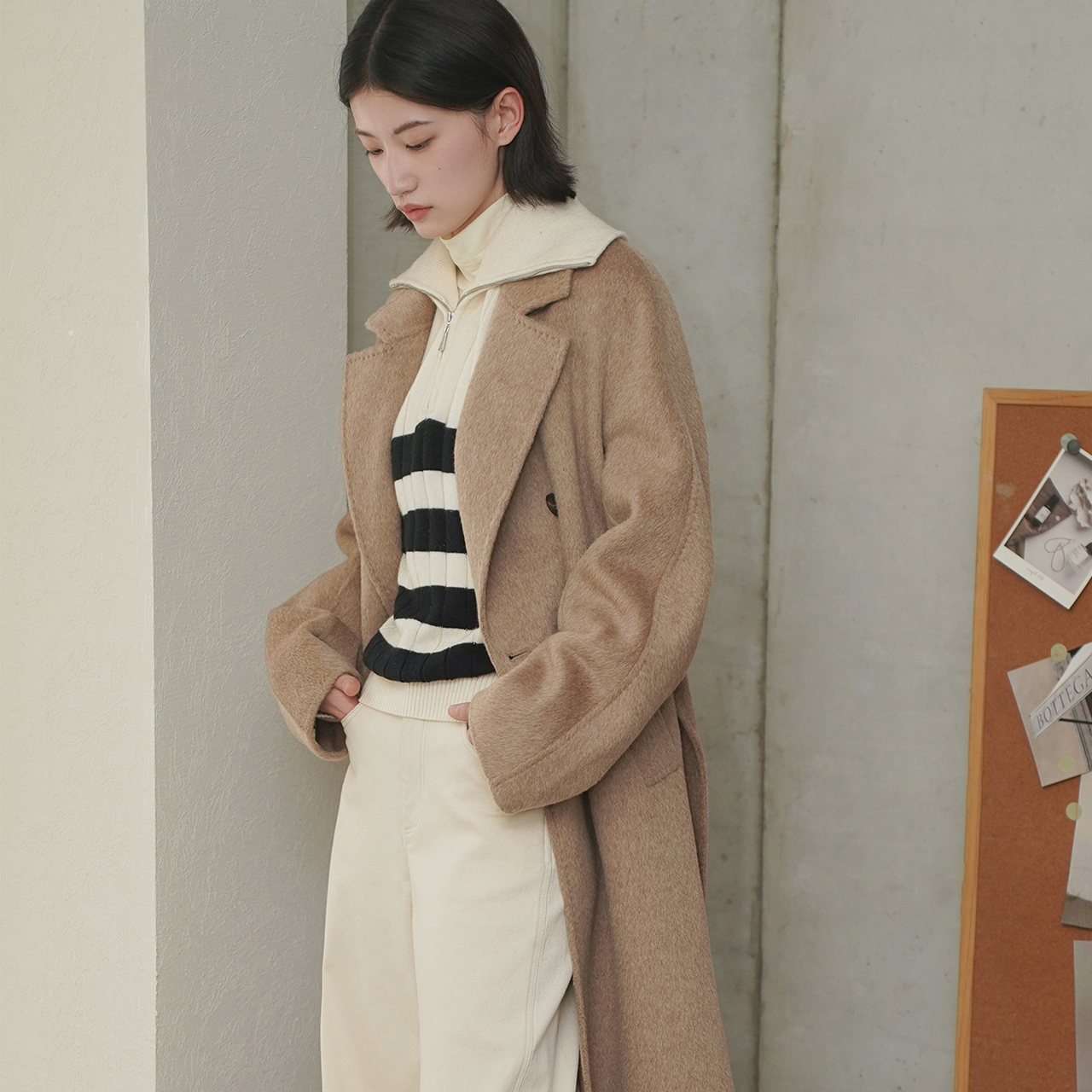 COVERINS冬季新款雅丹风兔毛绵羊毛混双面呢大衣外套CC34580080