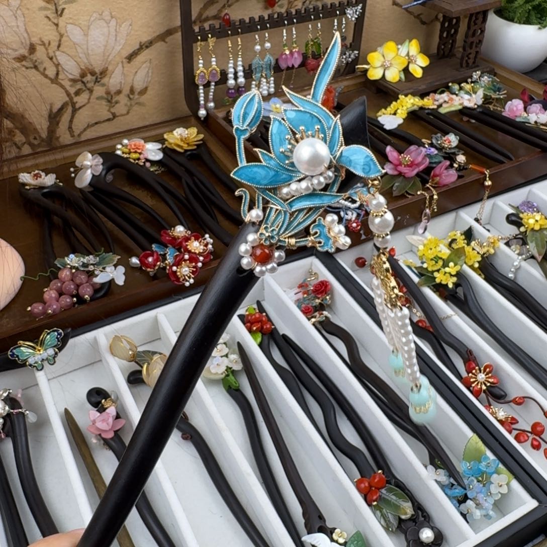 *****木质非金属18厘米黑檀木烧蓝发簪