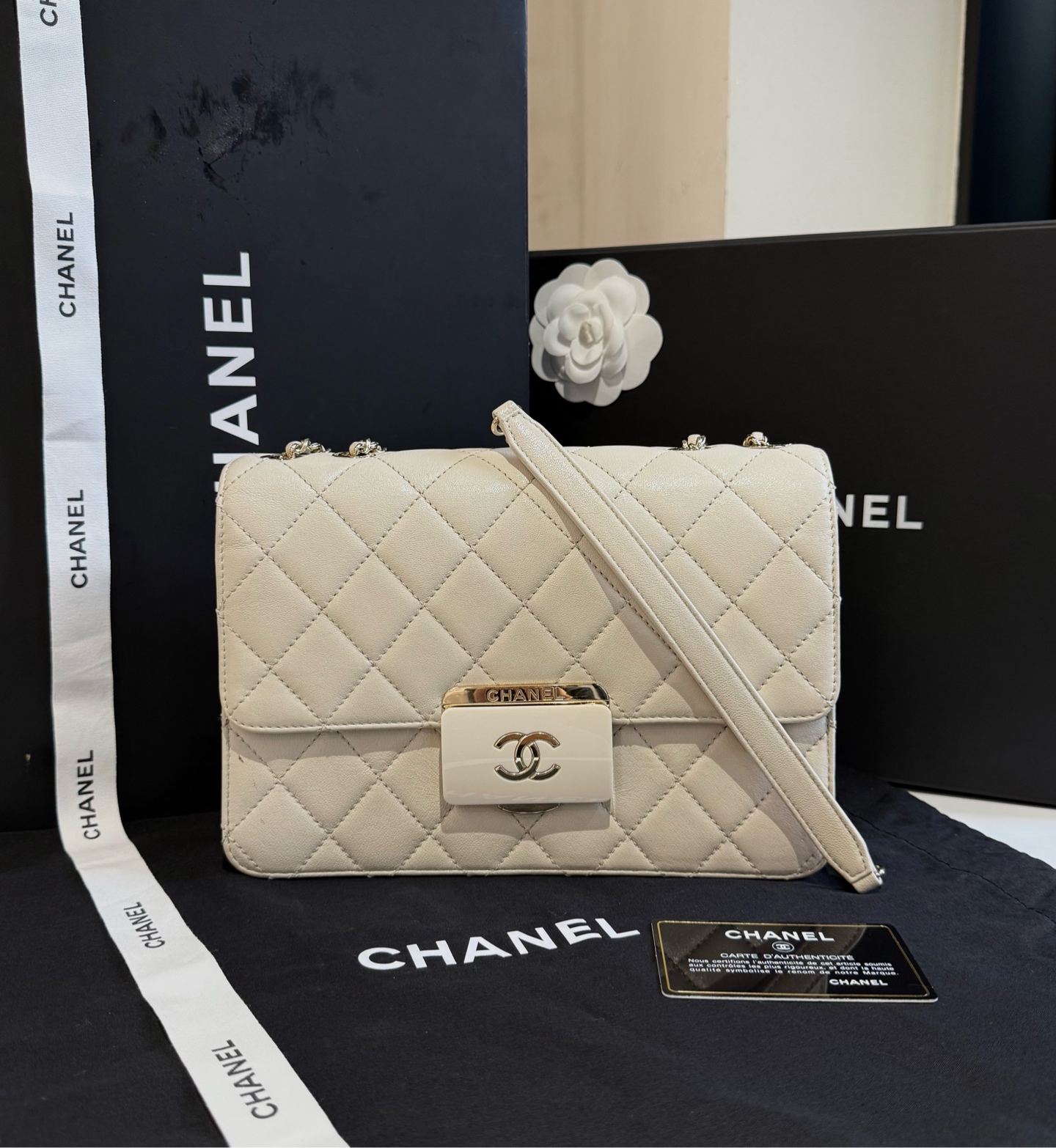 99新 Chanel/香奈儿 珐琅扣 白色 翻盖风琴链条包/9015